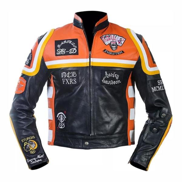 Giacca Biker da Uomo in Pelle Nera e Arancione