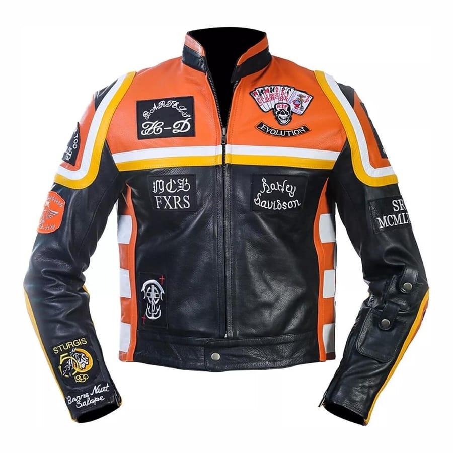 Chaqueta Biker de Cuero Negro y Naranja para Hombre