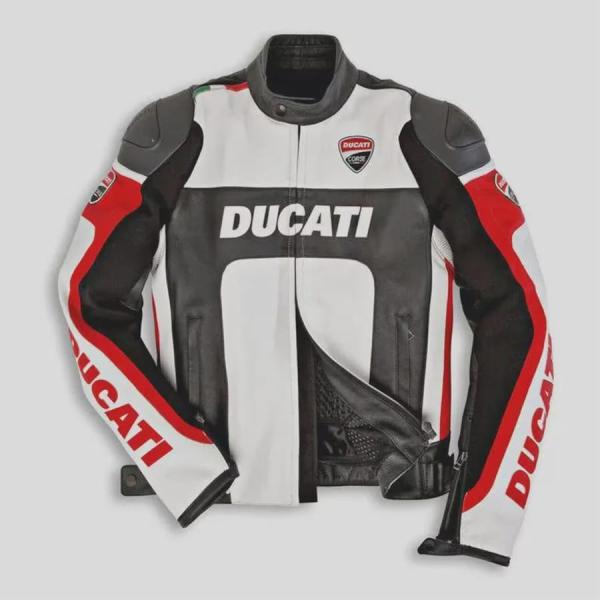 Handmade Ducati Corse Leather Motorcycle Jacket – Black, White & Red Racing Gear