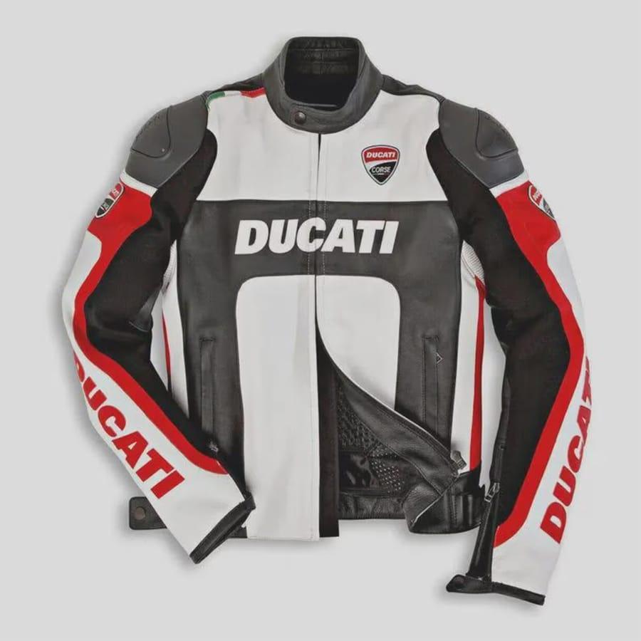 Veste Moto en Cuir Ducati Corse Artisanale – Noir, Blanc & Rouge