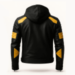 Herren Schwarze & Gelbe Lederjacke mit abnehmbarer Kapuze