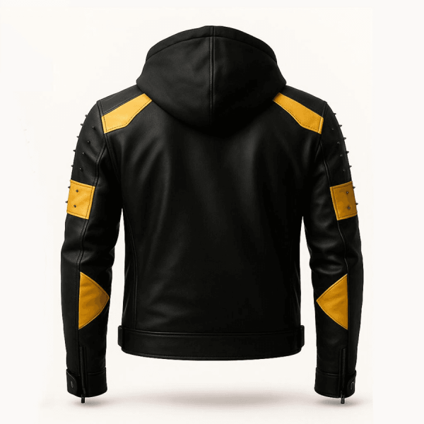 Herren Schwarze & Gelbe Lederjacke mit abnehmbarer Kapuze