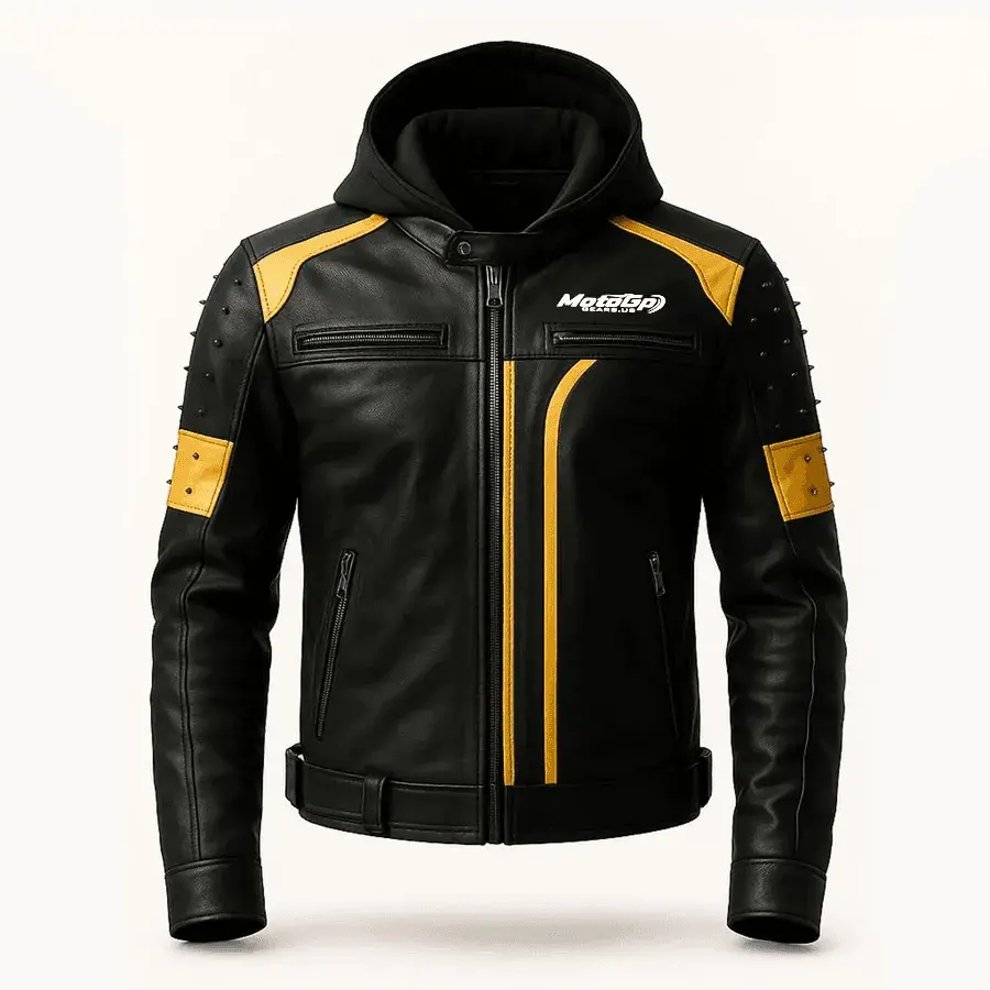 Herren Schwarze & Gelbe Lederjacke mit abnehmbarer Kapuze