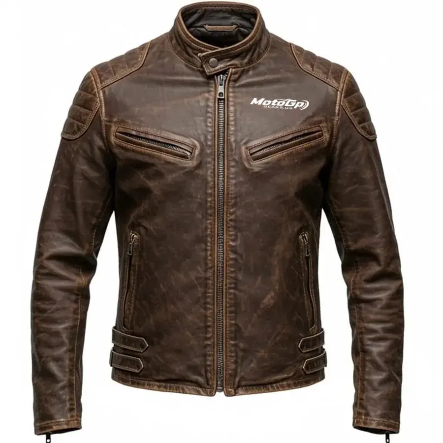 Giacca biker uomo in pelle marrone vintage